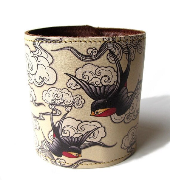 Leather cuff - Cherry blossom and Swallows