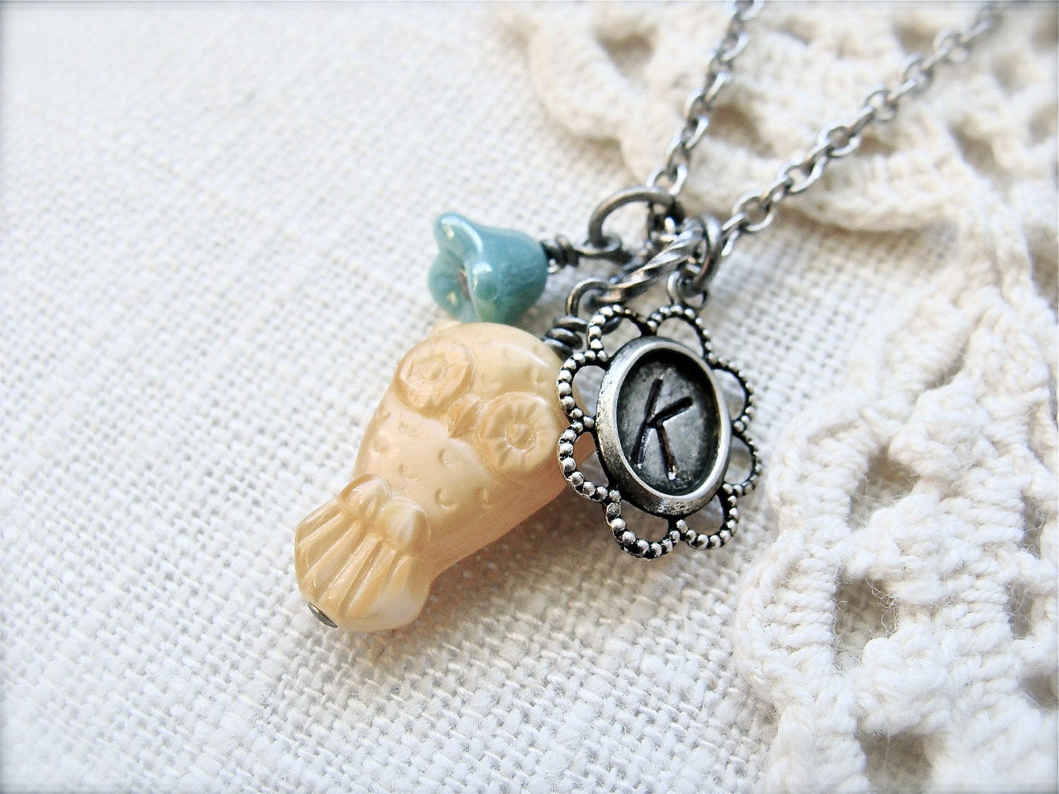 Golden yellow glass owl charm necklace with custom initial hand stamped charm.  Whimsical Mother's Day Gift.