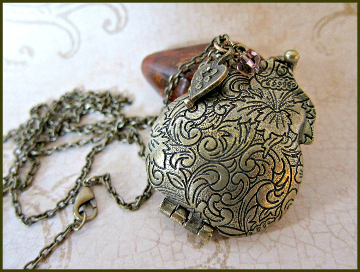 Victorian Antique Bronze Botanical Perfume Locket Necklace - Per Amore' Or Customize Scent Purse Style