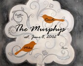 Lovebird Family Tree 12x12 print - Art Print wedding anniversary bird white mustard robin egg blue grey gray silver orange personalize