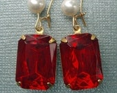 Holiday Jewelry Sparkle Estate Style Ruby Red Earrings Vintage Rhinestone Pearl Drop Earrings BELLE Ruby
