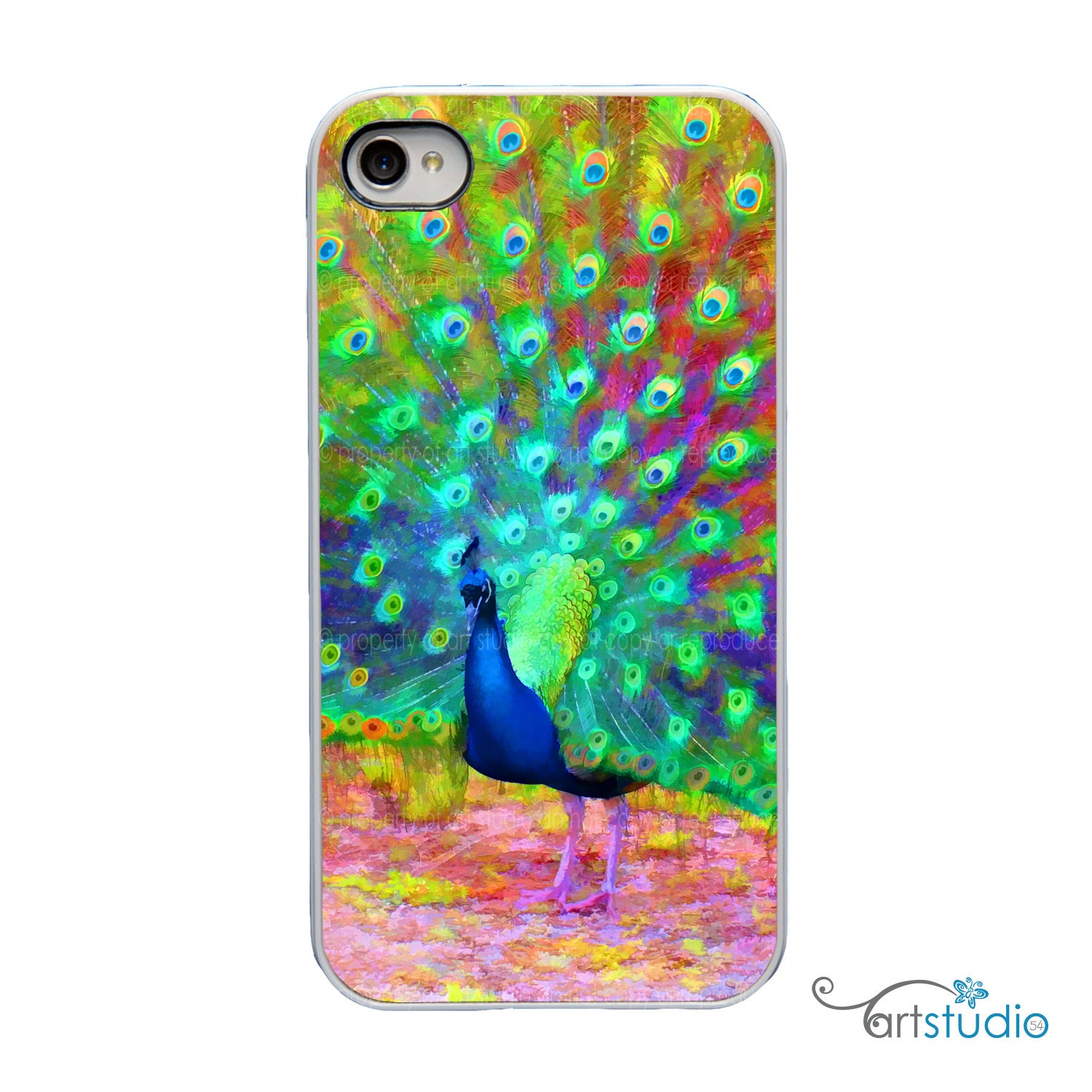 Painted Peacock Feather Bird with White, Black or Clear Sides iPhone Case - IPhone 4, 4s, 5 Hard Cover - Art Trendy  - artstudio54