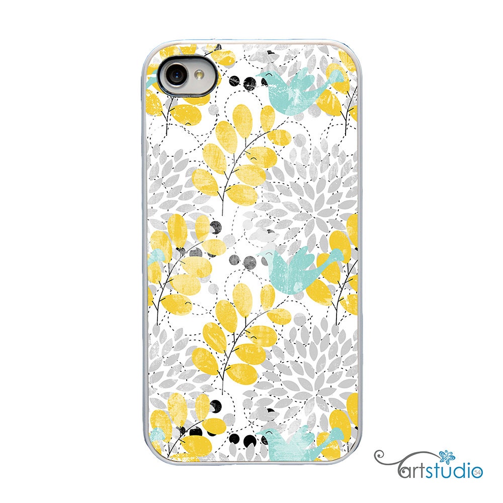 Yellow Gray Blue Flower Bird White or Black iPhone Case - IPhone 4S, 4 or 5 Hard Cover - Fun Bright Art Unique Trendy Case - artstudio54