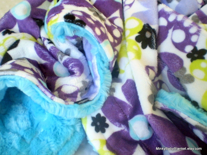 Minky Baby Blanket - Purple Dot's N Daisies - Topaz Minky Swirl - Double Minky Blanket - Stroller Size 30" x 30'"