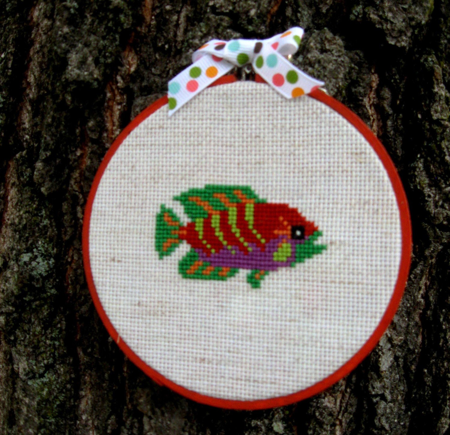 Fish Wall Hanging Hoop Art Tropical Cross Stitch Embroidery Orange Green Purple