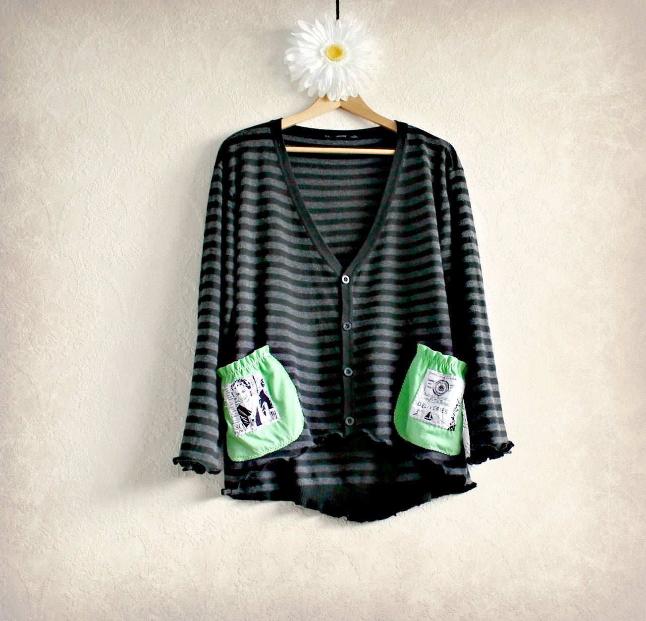 Plus Size Clothing Boyfriend Cardigan 1X Women's Gray Sweater Green Pockets Retro Style Reconstructed Top Eco Friendly 'CHARLEE'