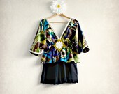 Green Silk Peplum Blouse Black Kimono Top Bohemian Shirt Gypsy Clothing Women's Clothes Upcycled Eco Wear Large XL 'PETRA'
