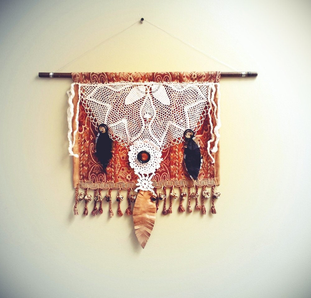 Tribal Wall Hanging Vintage Lace Livingroom Art Leather Feathers Yarn Fringe Southwestern Rust Tapestry Upcycled Textiles Rustic Home Decor