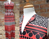 Vintage African Tribal Long Dress / Maxi / Sleeveless / Red Black / Geometric
