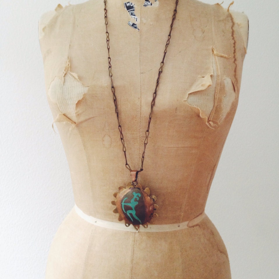 brass necklace / 70s statement necklace / Turquoise Warrior necklace