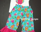 Aqua Owl Ruffled Capri, and  Appliqued tee set size 6m,18m, 24m, or 3t.