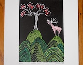 Distant Cousins - hand-colored linocut