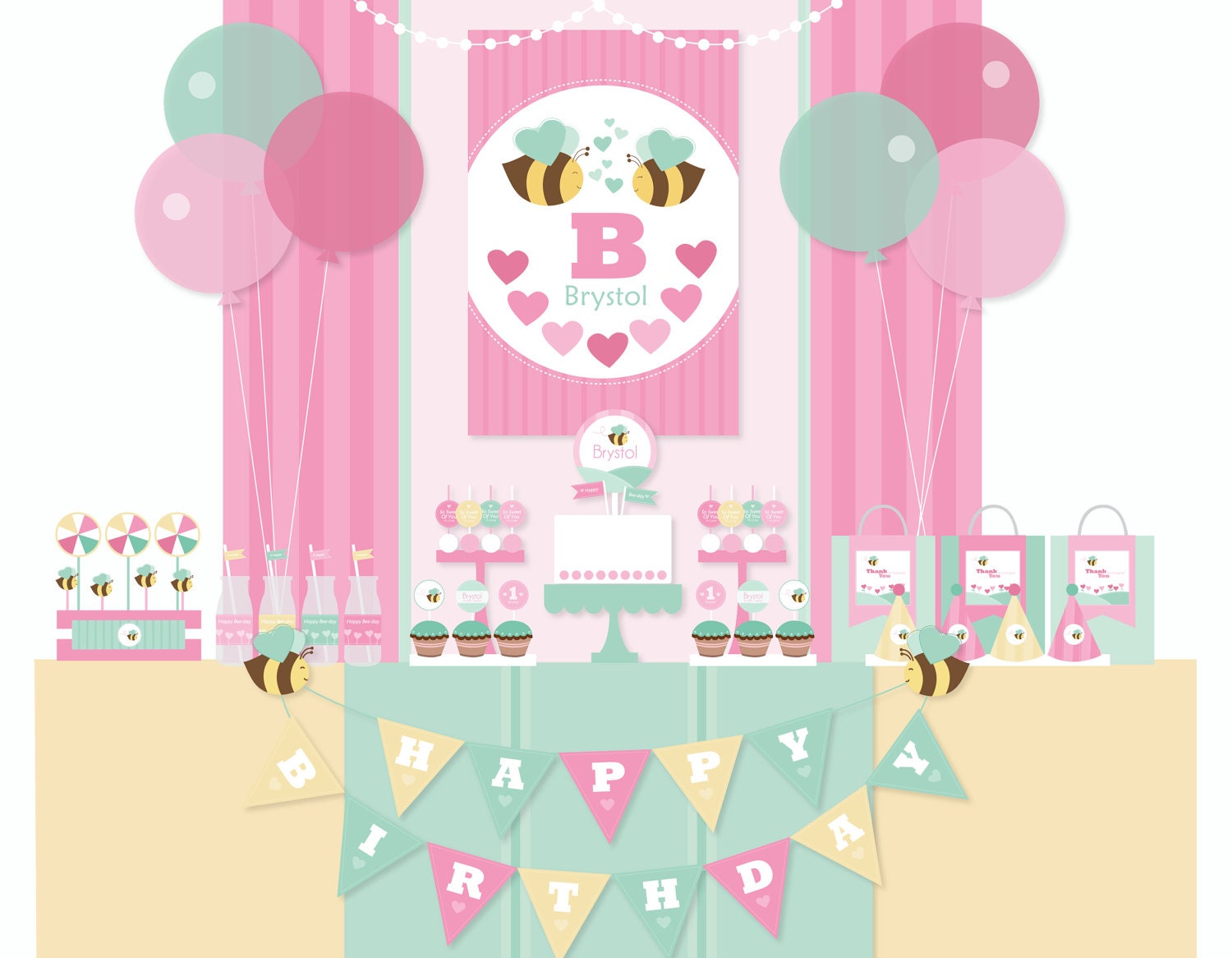 Custom Girly Pink Bumble Bee Birthday DIY Party Package by MayDetails: Full Collection
