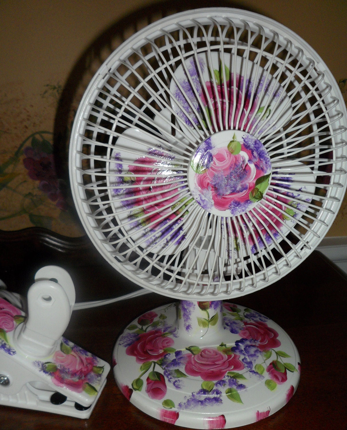Custom Painted 6" Personal Desk or Clip-on Fan 2 Speed Shabby Chic Roses Victorian