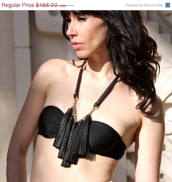 SALE Black Cobra Embossed Leather Tassel Fringe Necklace - Ready to Ship