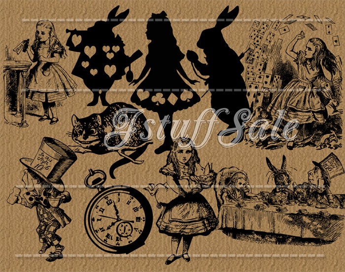 10 Alice in Wonderland Silhouette digital clipart - transparent background png files (Si01)
