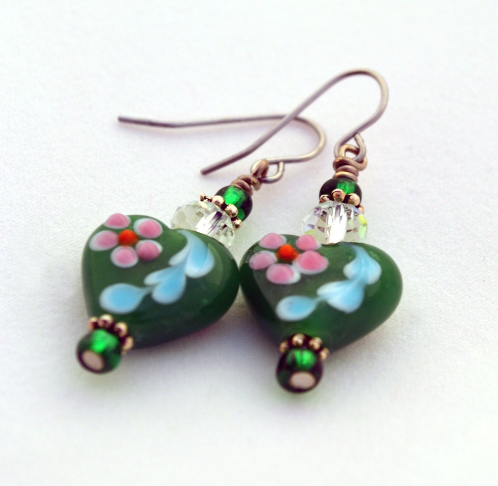 Kelly Green Lampwork Hearts and Clear Crystal Shortie Earrings, Made for Sensitive Ears