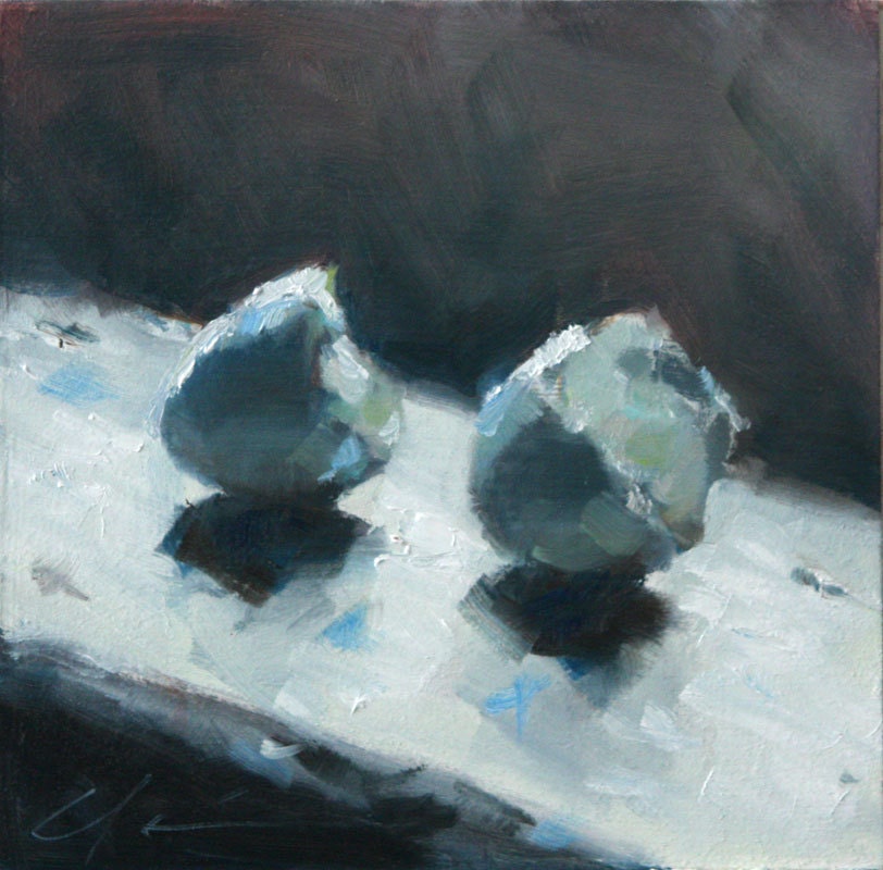 Peaceful Blue Robin's Eggs on a Window Sill, Still Life with Shadows, Original Painting by Clair Hartmann - hartart13