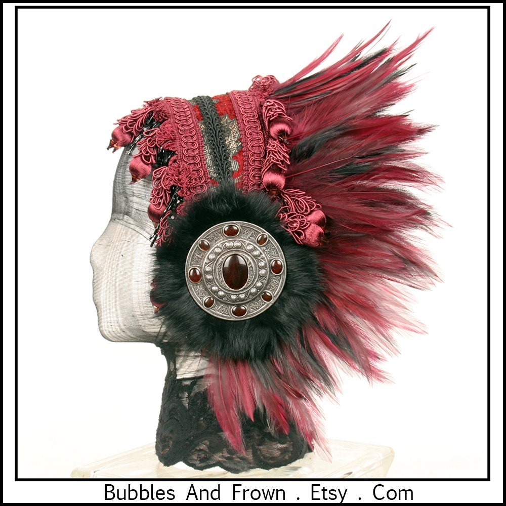 Beating Heart.... Feather Headband in Deep Burgundy and Black