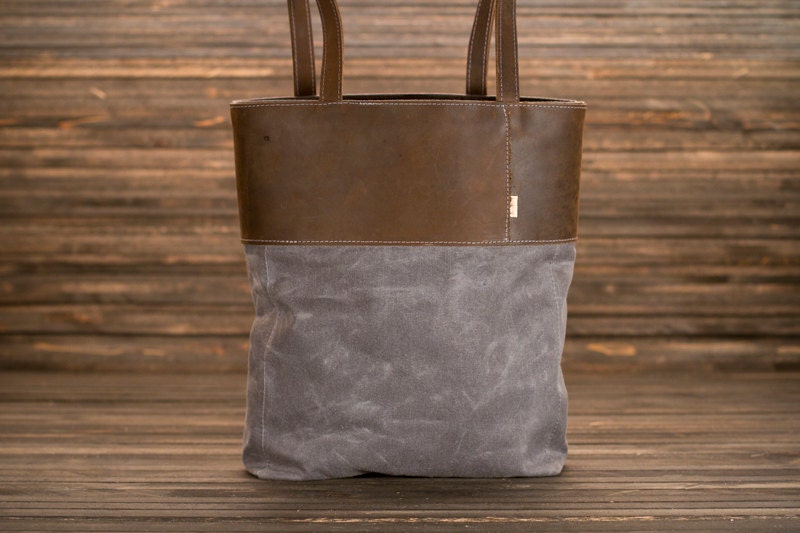 waxed canvas and leather tote in Charcoal