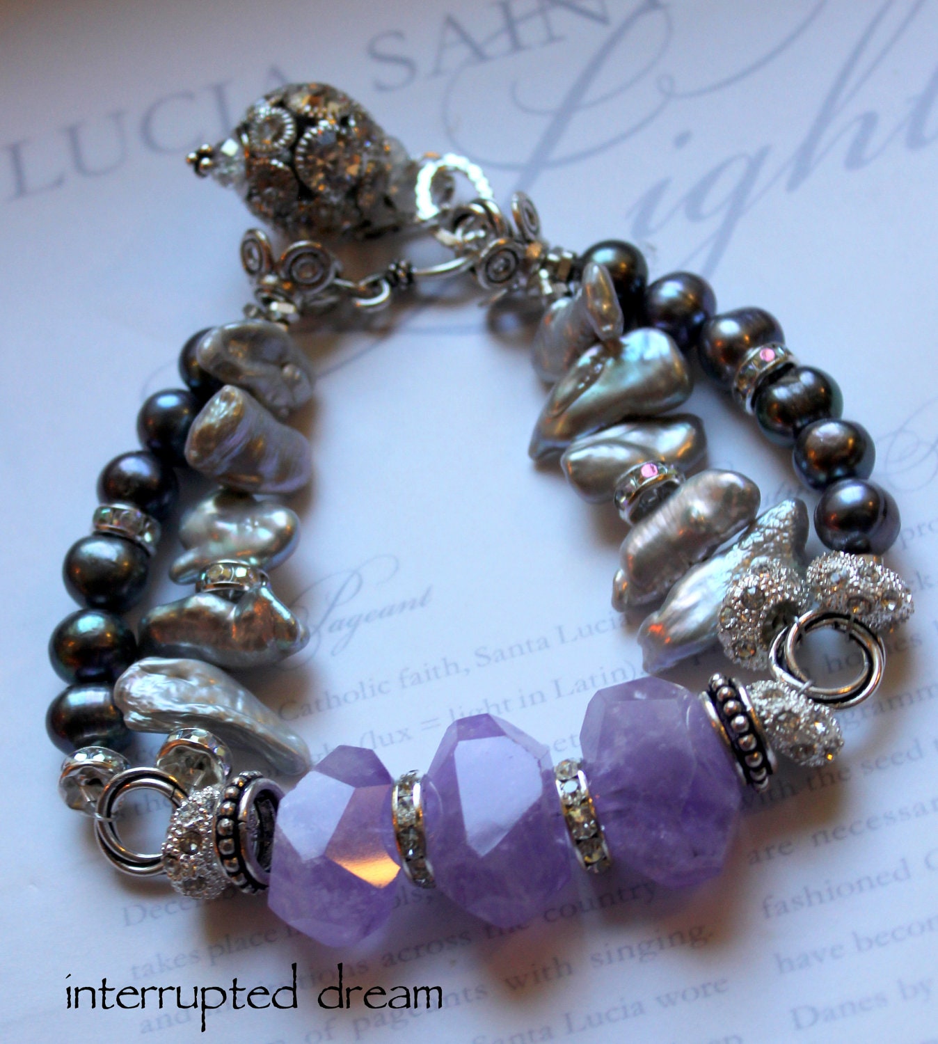 multi strand bracelet, chunky charm bracelet, amethyst bracelet, pandora bracelet.....Interrupted Dream