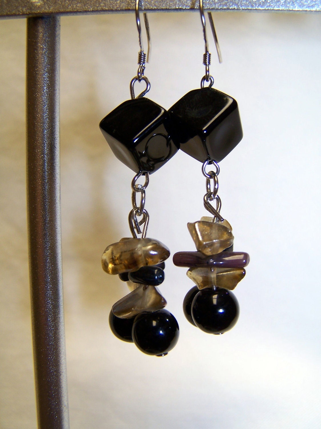 CLEARANCE - Square Black Glass Dangle Earrings