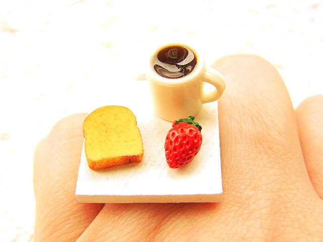 Food  Ring Coffee Toast Strawberry  Breakfast Ring Miniature Food Jewelry