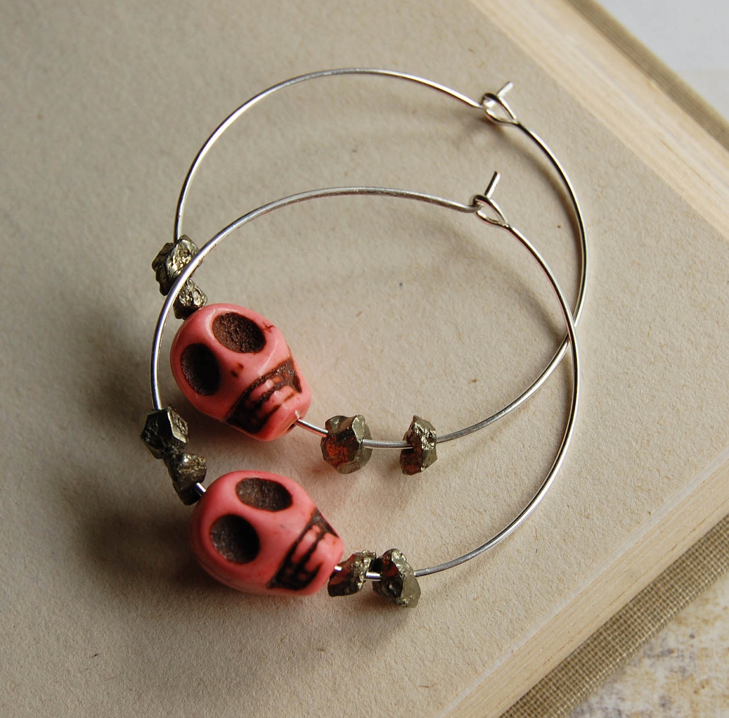 Pink Howlite Skull and Pyrite Stone Silver Hoop Earrings