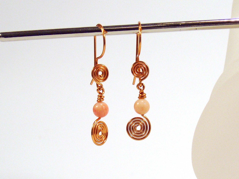 Pink Coral Earrings, Copper Spirals, Artisan Earrings, Spiral Earrings