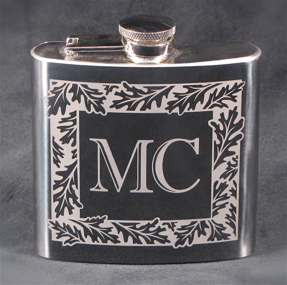 Eight 8 Groomsmen Flasks, Monogrammed Oak Design