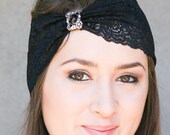 black lace turban headband, black elastic lace hair accessories, Holiday hair accessories