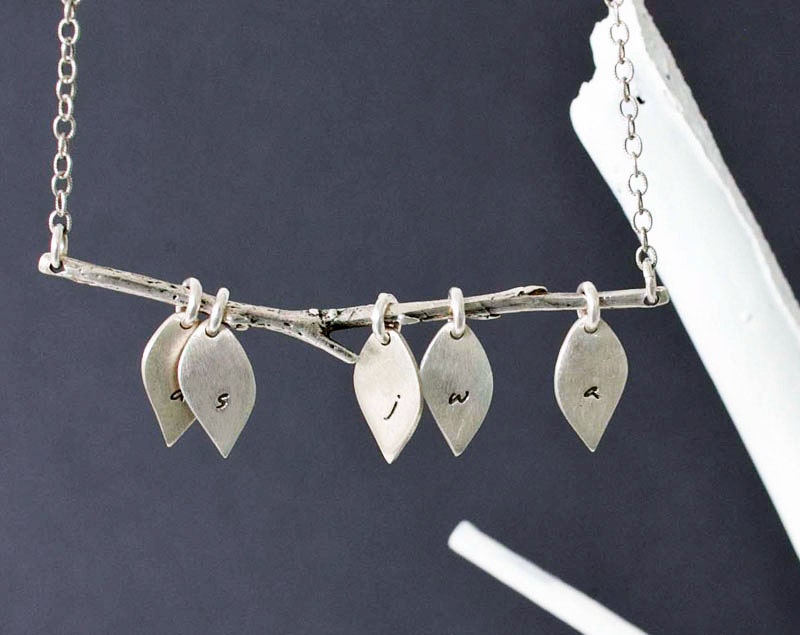 The Original Family Tree Initial Necklace - Custom Lower Case Initials with Five Leaves