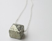 Pyrite Cube. Sterling Silver Chain. Metallic. Fools Gold. Minimalist.