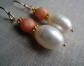 Petite pearl and coral earrings, bridesmaid earrings, pink coral and white pearl jewelry, bridesmaid jewelry