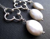 set of 3 Four leaf clover necklace, Coin Pearl and silver clover necklace, bridesmaid pearl necklaces, bridesmaid jewelry