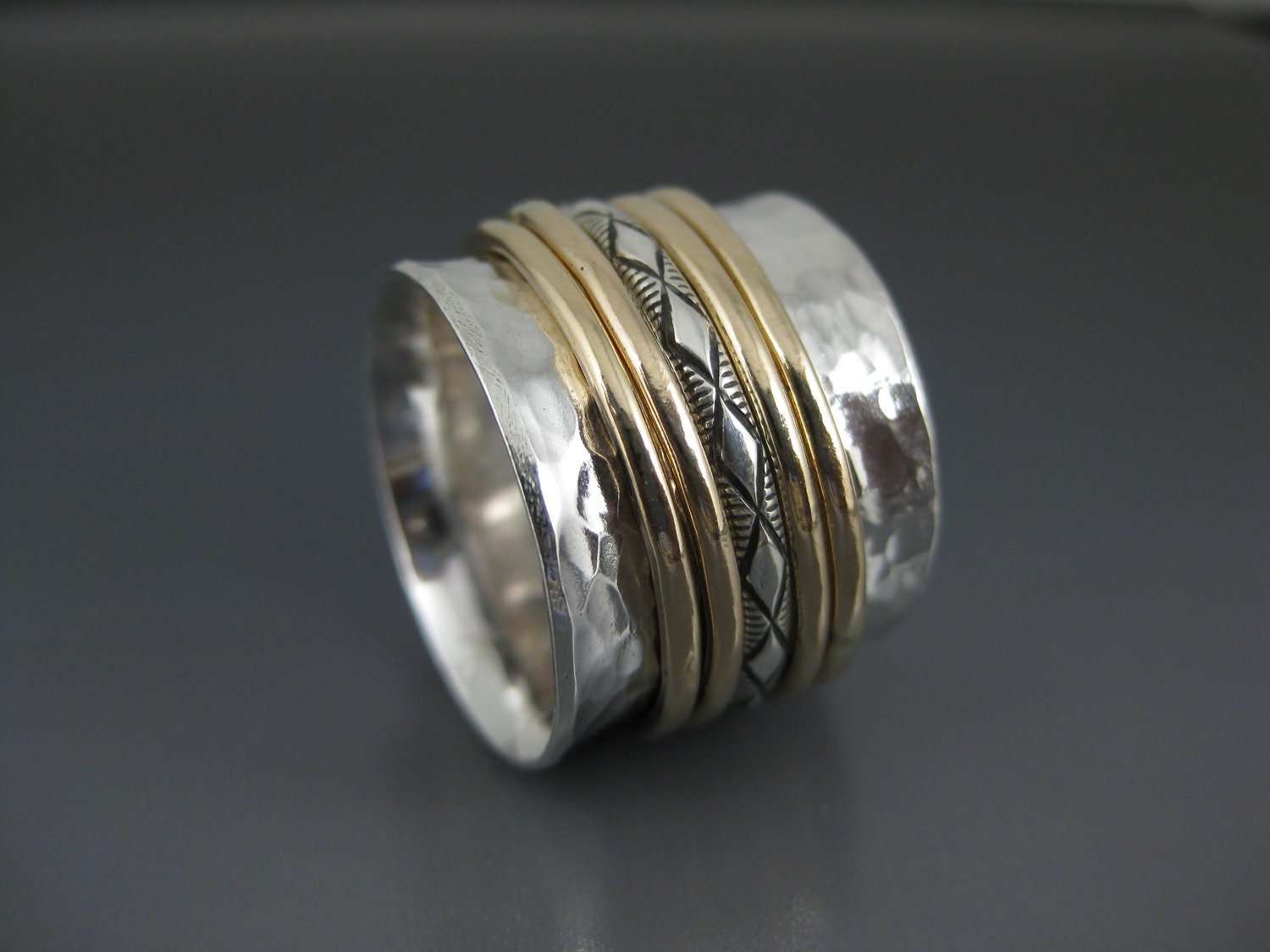 Uber Wide Sterling Spinner Ring with Five Mixed Metal Spinners