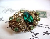 Czech Brooch Emerald Green Glass Gold Brass Filigree 1940s Marked
