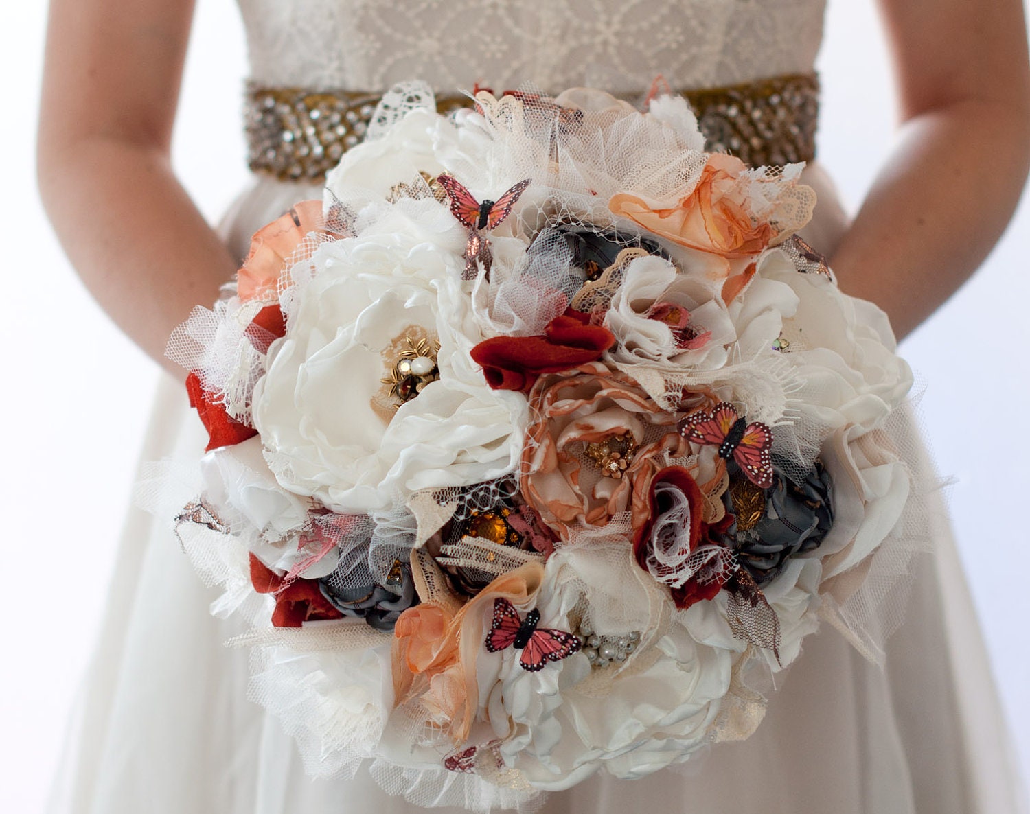 Autumn Fabric Flower Wedding Bouquet, with vintage brooches and butterflies , READY TO SHIP