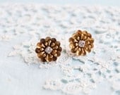 Brass Flower and Rhinestone Earrings, vintage style, shabby chic posts