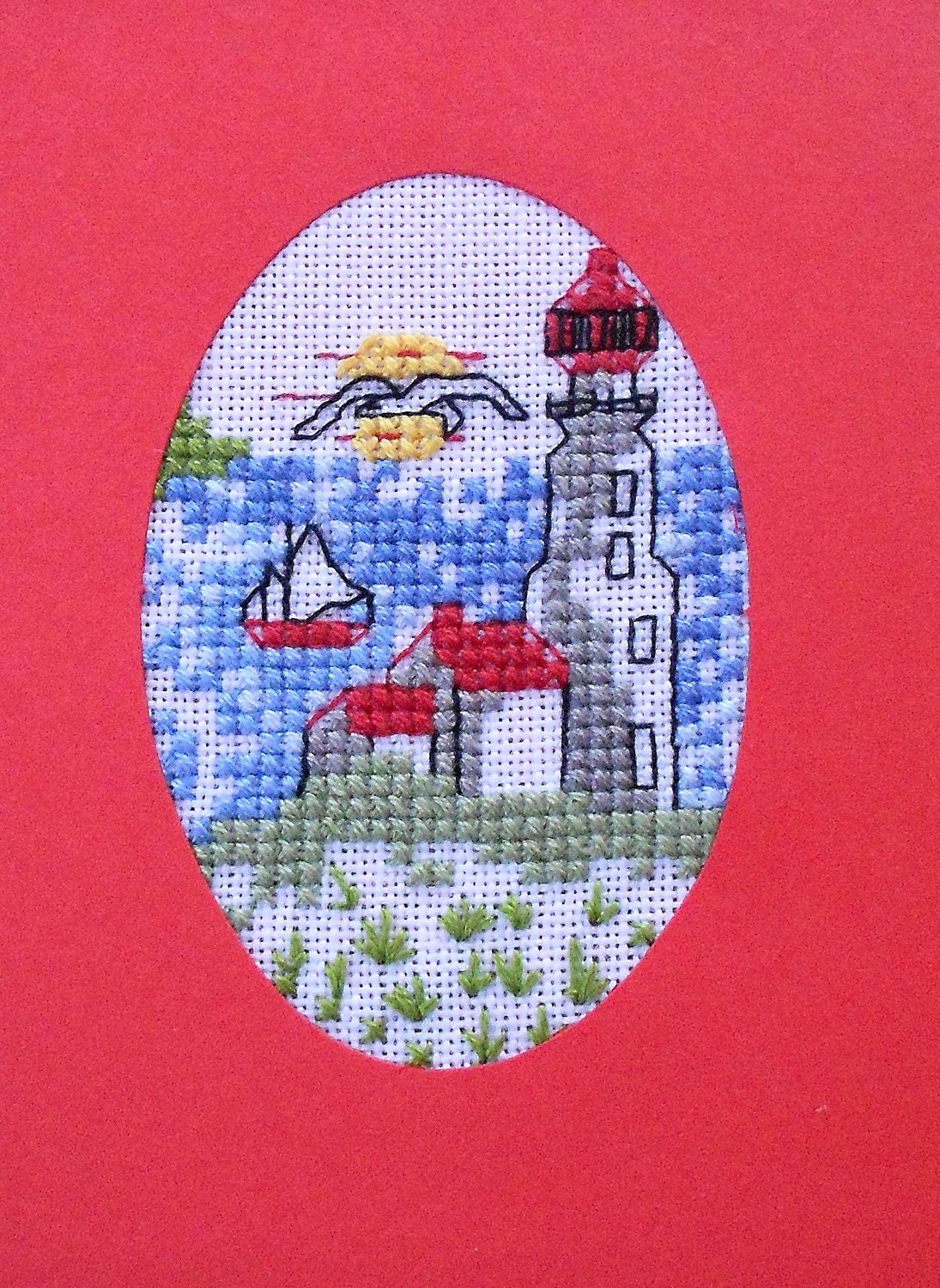 Lighthouse Cross Stitched Greeting Note Card