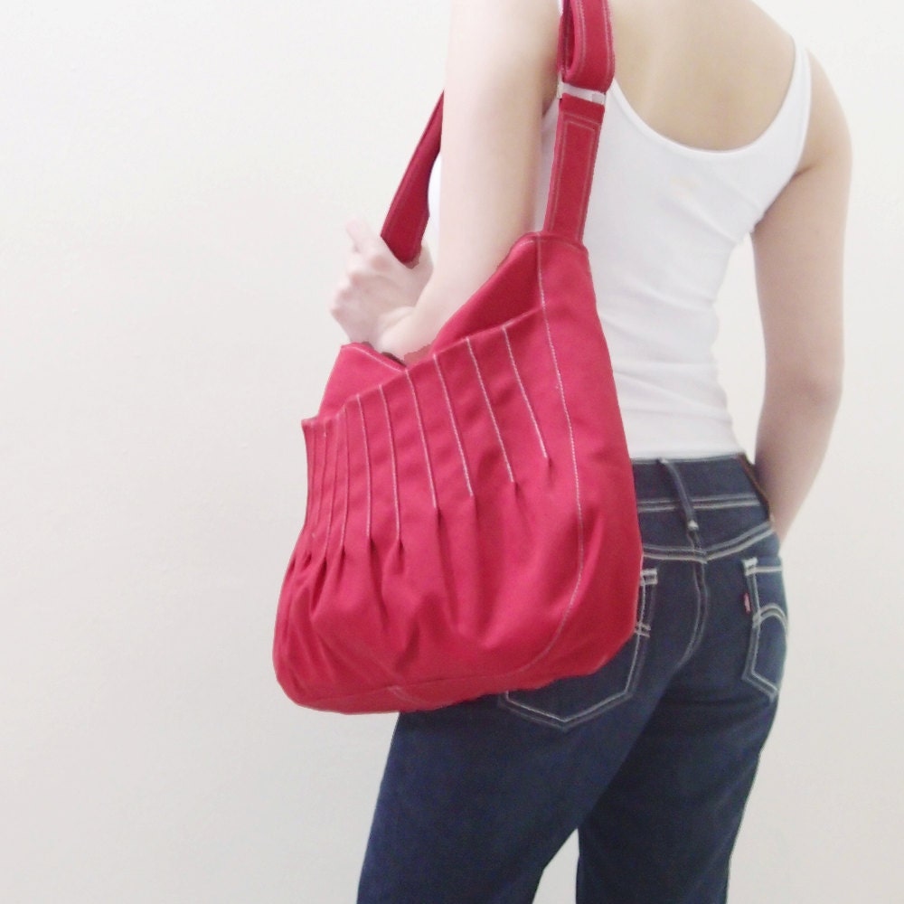 MAY Sale - Red Canvas WomenSingle Strap Hobo, shoulder bag, Crossbody, Messenger bag, School Bag, Handbag - Kangaroo Market Bag