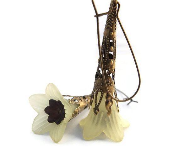 Mother's Day Sale, Yellow Flower Earrings, Yellow Lucite Trumpet & Black Bell Flower Earrings with Antique Bronze Findings