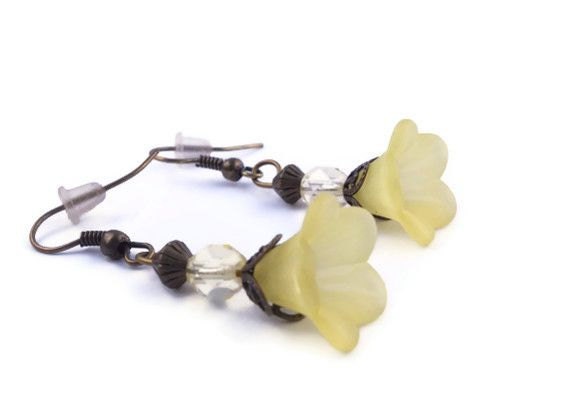 Mother's Day Sale, Yellow Flower Earrings, Yellow Petunia Lucite Flower Earrings with Antique Bronze Findings