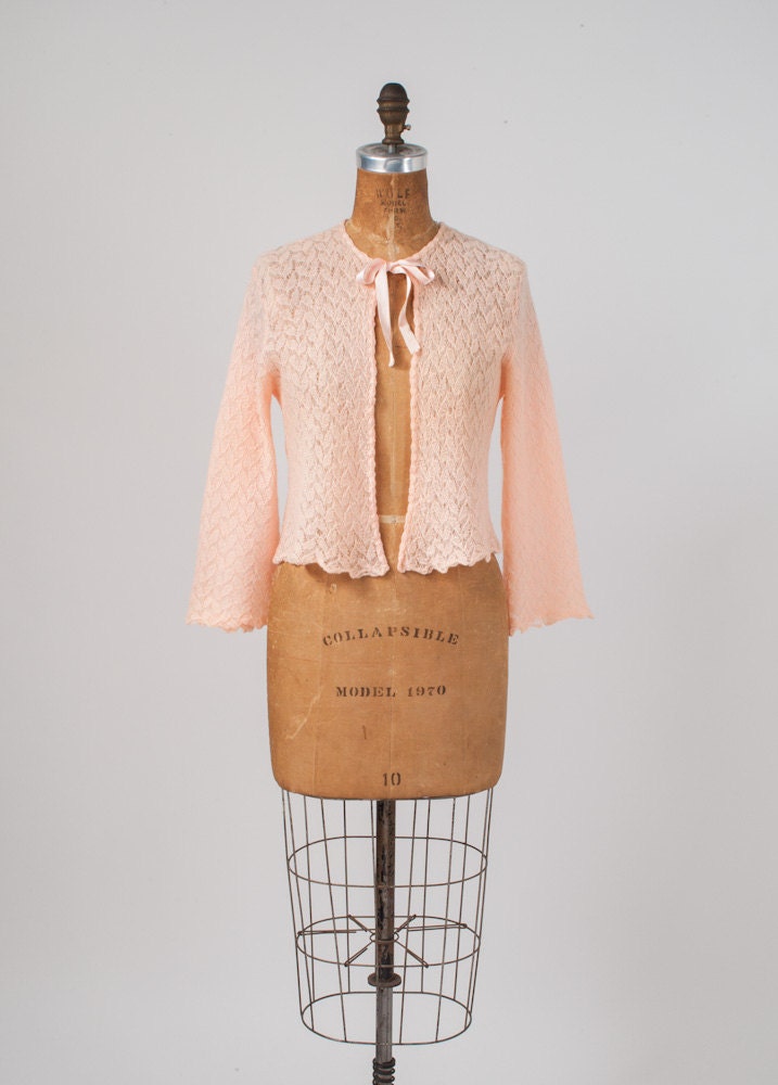 1950's Pink Wool Knit Bed Jacket, Delicate Petal Pink Virgin Wool Bridal Sweater