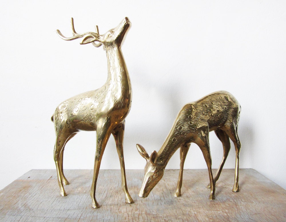 vintage large brass deer figurines / holiday centerpiece / christmas decor