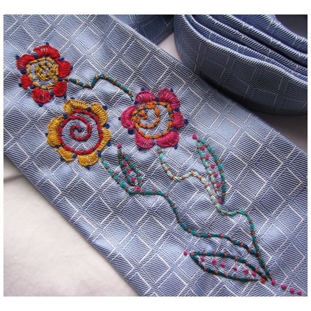 Hand Embroidered Flowers on a Upcycled Necktie