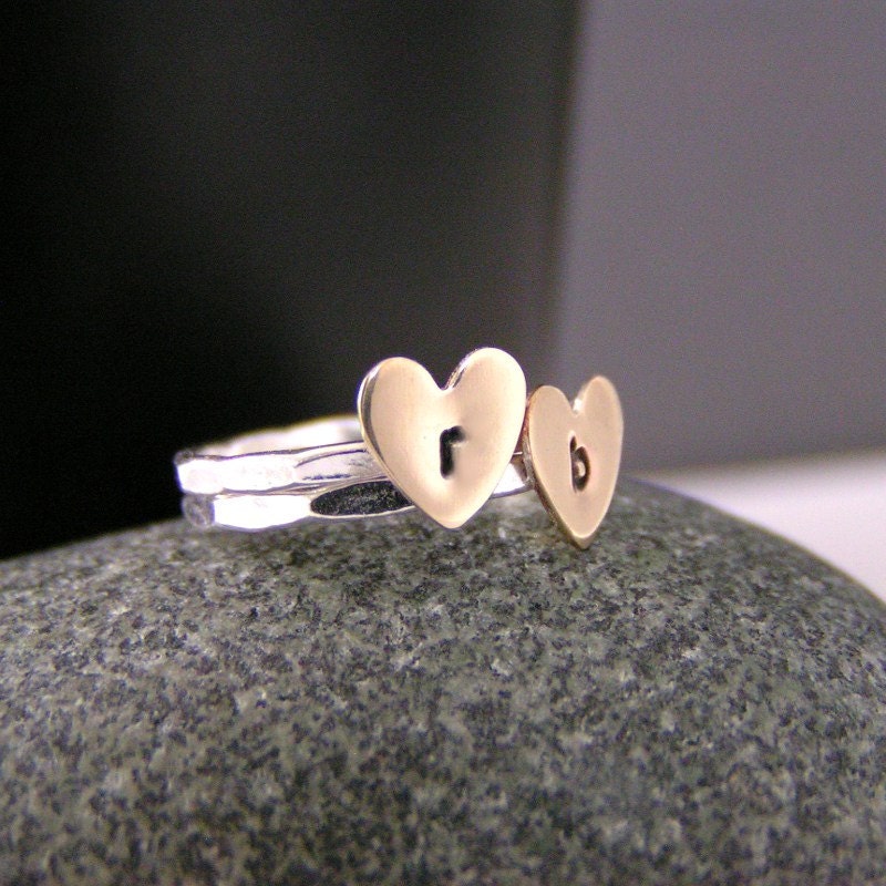 Initial Heart Rings, Set Of 2 Brass And Sterling Silver Heart Personalized Rings