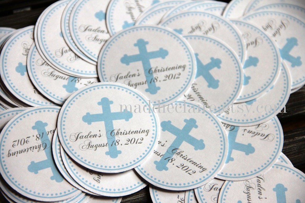 Personalized Blue CHRISTENING, BAPTISM or First COMMUNION Favor Tags