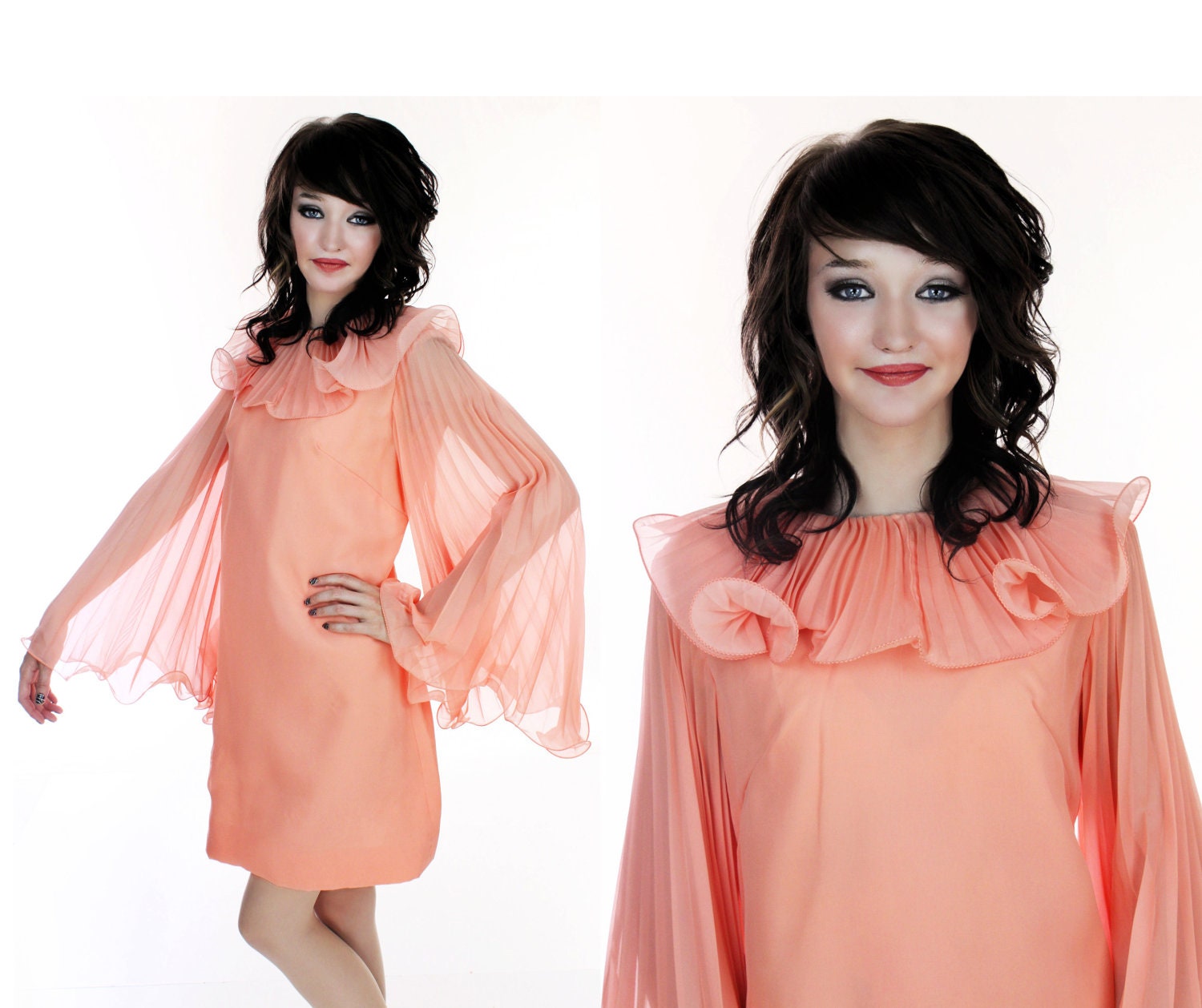Mod Cocktail Dress 60s Peach Sheer Party 1960s Formal Accordion Pleated Harlequin Ruffled Collar Angel Sleeves Prom Event  Medium M Large L