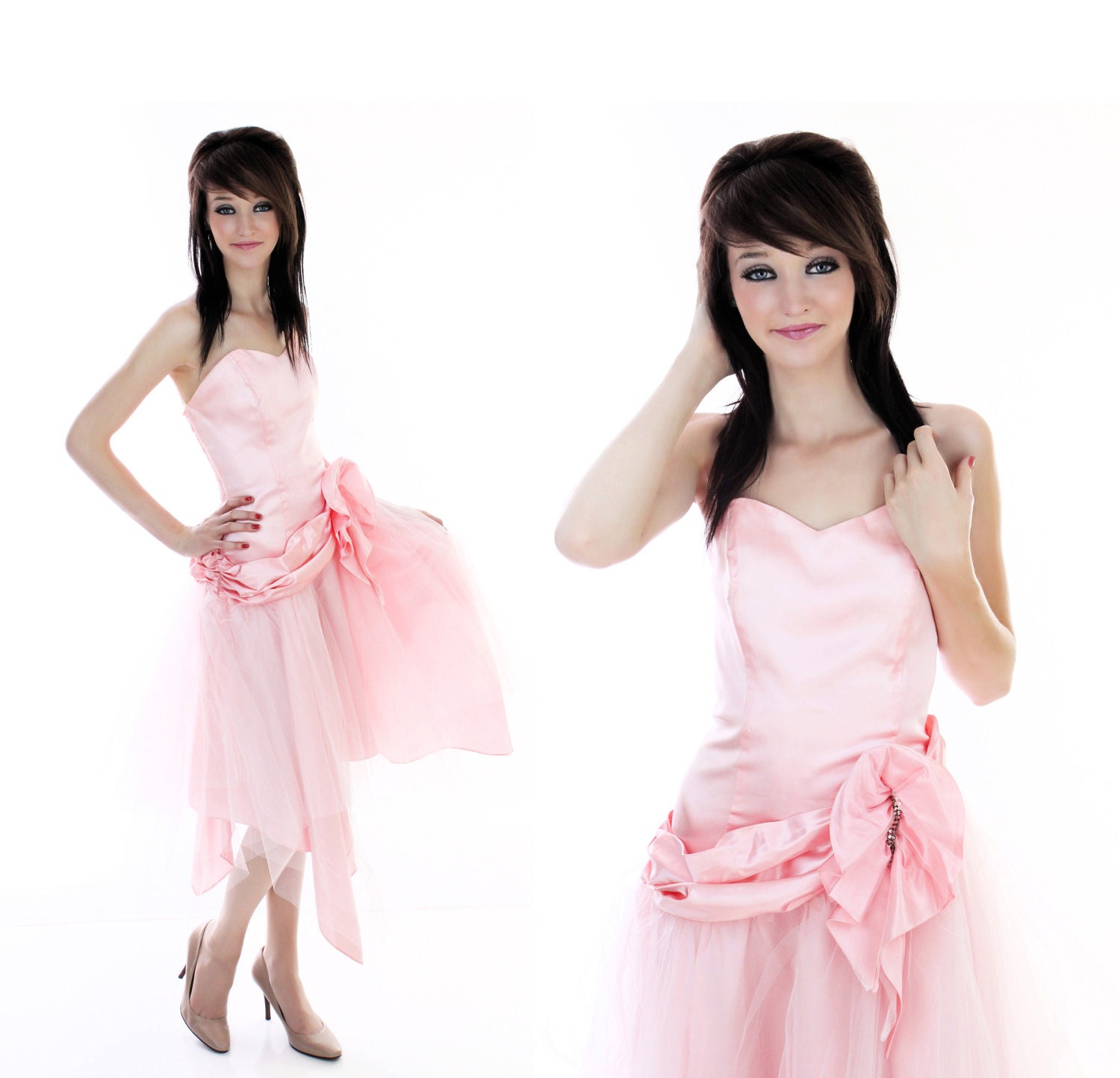 80s Prom Dress Formal Pink Party Vintage Strapless Sweetheart Bodice Boning Top Handkerchief Hem Tulle Skirt Sexy S Small Medium M